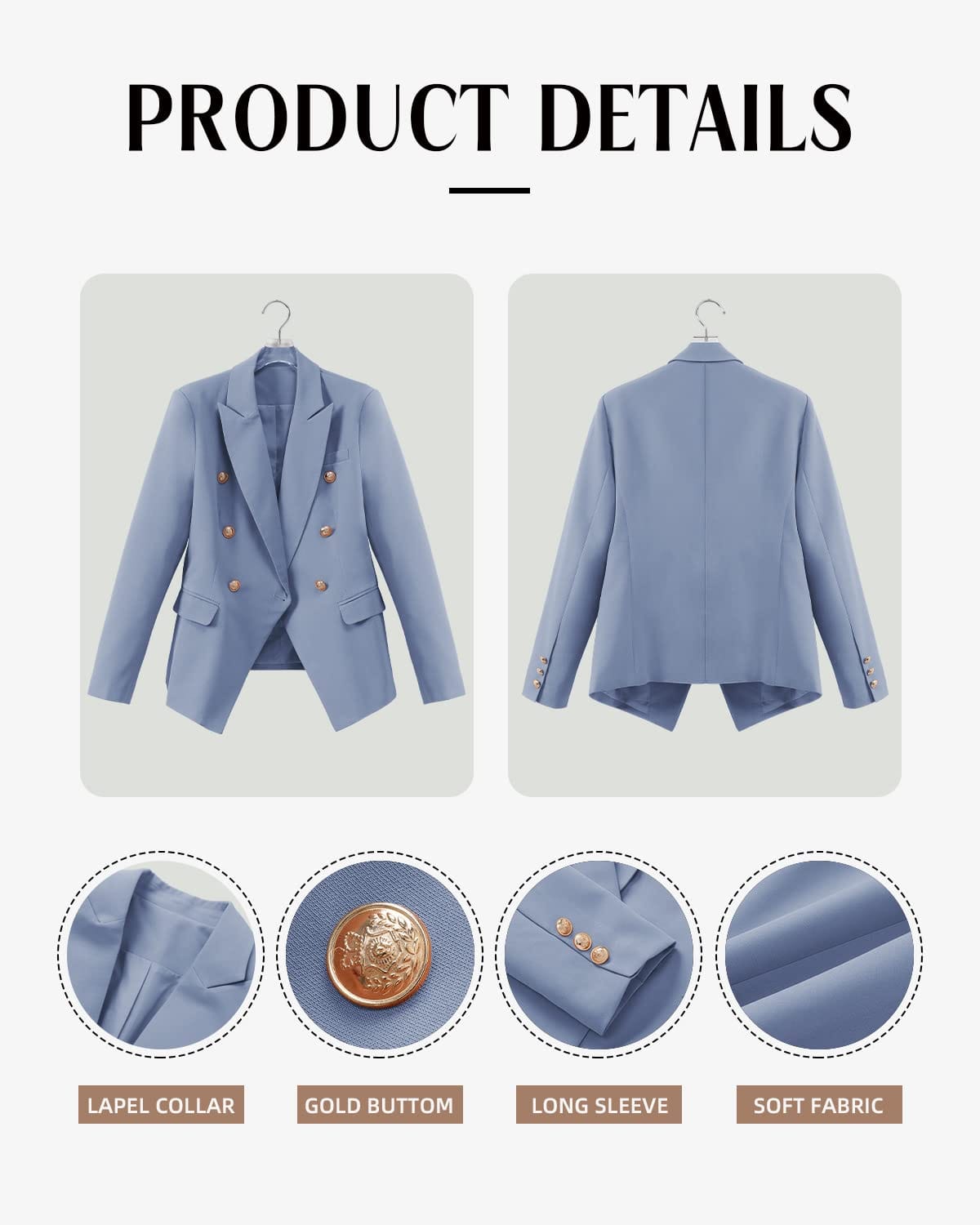 CRAZY GRID Womens Casual Blazer Jacket Gold Button Long Sleeve Work 0ffice Blazer Lapel Open Front Jacket