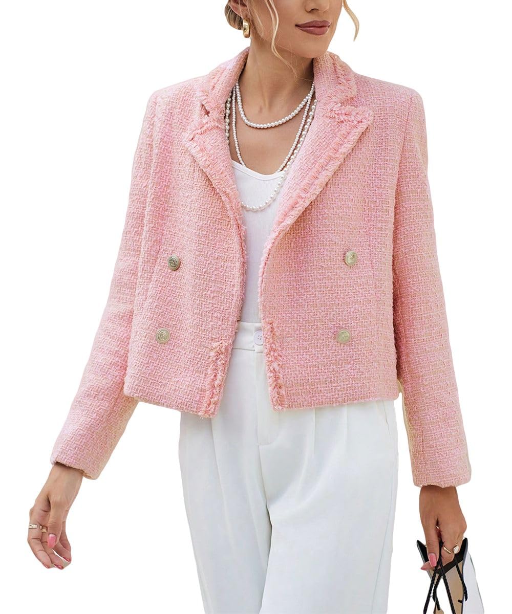 Tweed Blazers Chaquetas para Mujer 2024 Primavera Moda Solapa Recortada Elegante Frente Abierto Oficina Casual Blazer 