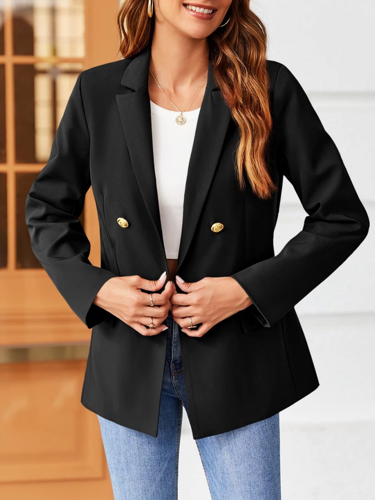 Hdieso Chaqueta tipo blazer con botones de solapa y manga larga para mujer, color sólido, informal 