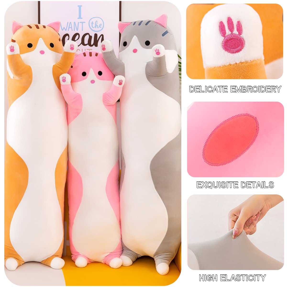 Giant Cat Pillow Plush Cartoon Kitty Sleeping Hugging Pillow, Cuddly Soft Long Kitten Body Pillow Doll Cat Cushion Toy for Kids Girlfriend (Pink, 110cm/43.3inch)