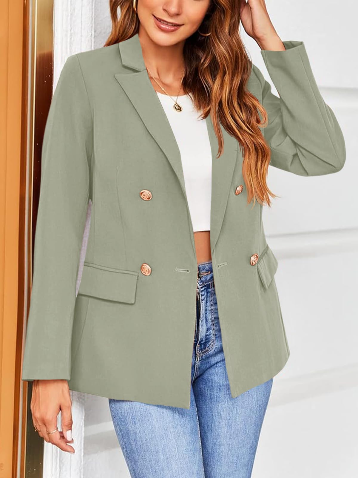 Hdieso Veste blazer décontractée à manches longues et boutons pour femme - Couleur unie 