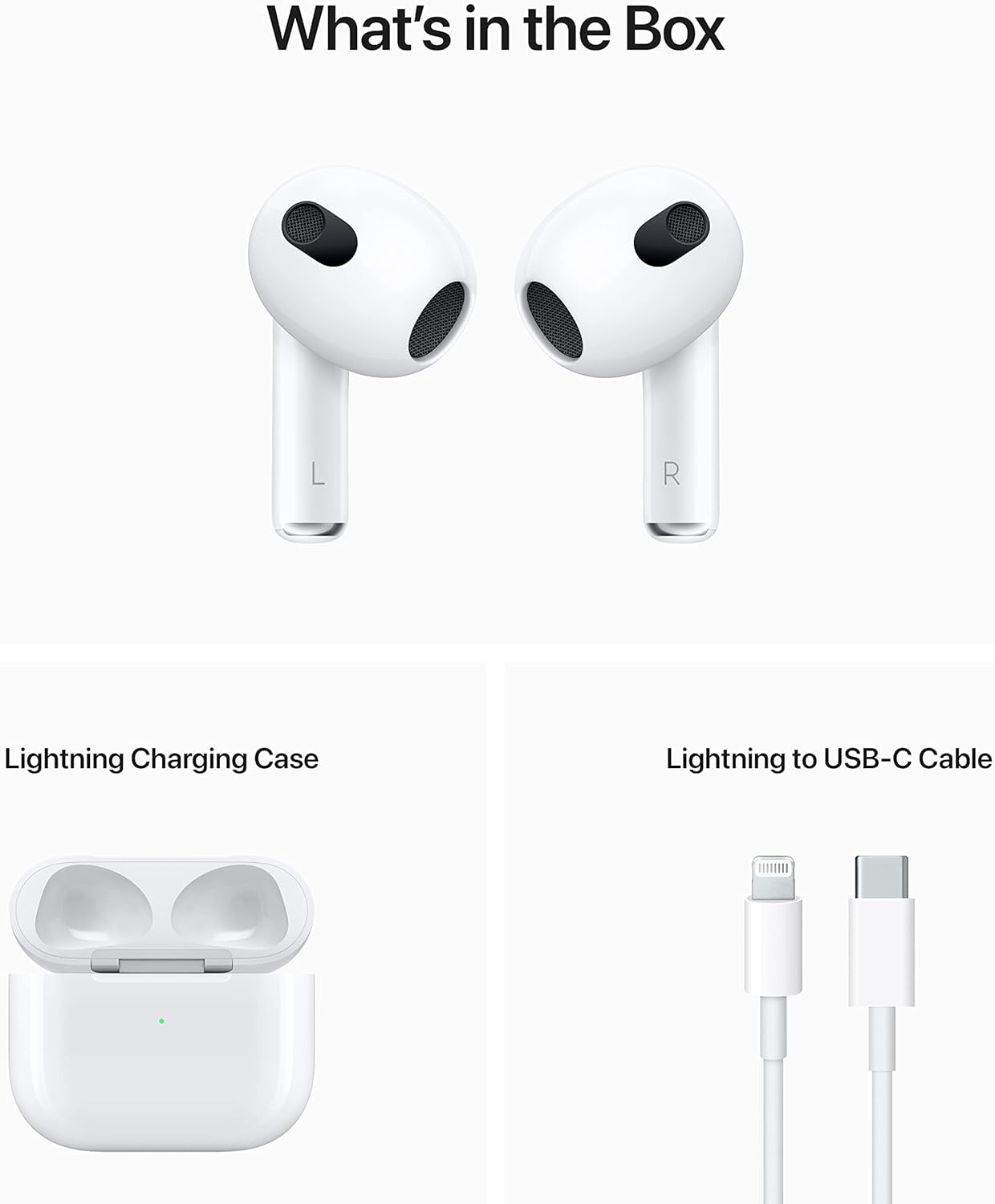 Écouteurs sans fil Apple AirPods (3e génération), écouteurs Bluetooth, audio spatial personnalisé, résistants à la sueur et à l'eau, étui de chargement Lightning inclus, jusqu'à 30 heures d'autonomie de la batterie 