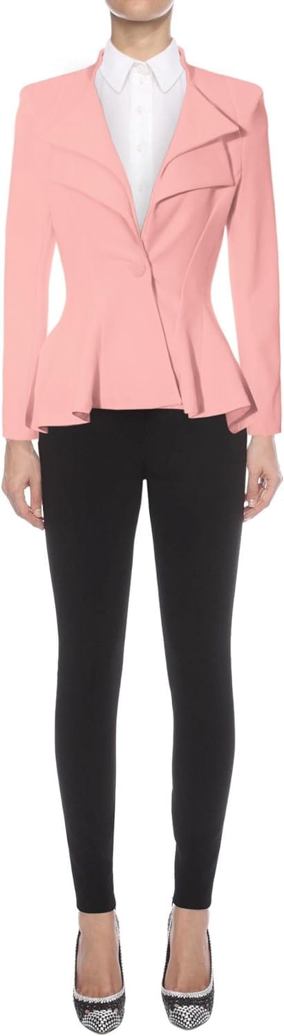 Hybrid & Company Women's Casual Work Office Dressy Double Notch Lapel Sharp Shoulder Pad Single Button Peplum Comfy Blazer