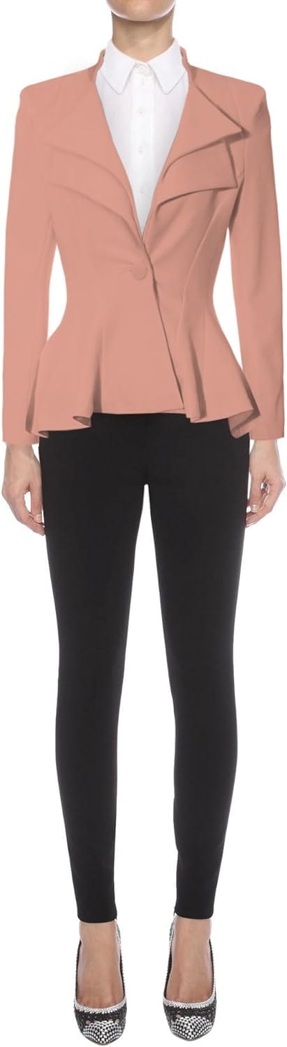 Hybrid & Company Women's Casual Work Office Dressy Double Notch Lapel Sharp Shoulder Pad Single Button Peplum Comfy Blazer