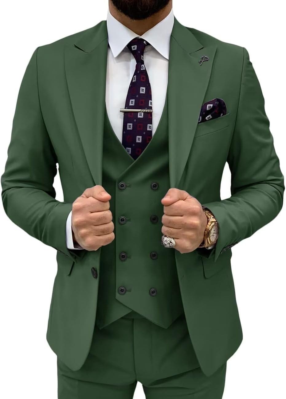 Double Breasted 3 Pieces Suit Men Slim Fit Classic One Button Jacket Blazer Vest Pants Set Formal Wedding Tuxedo