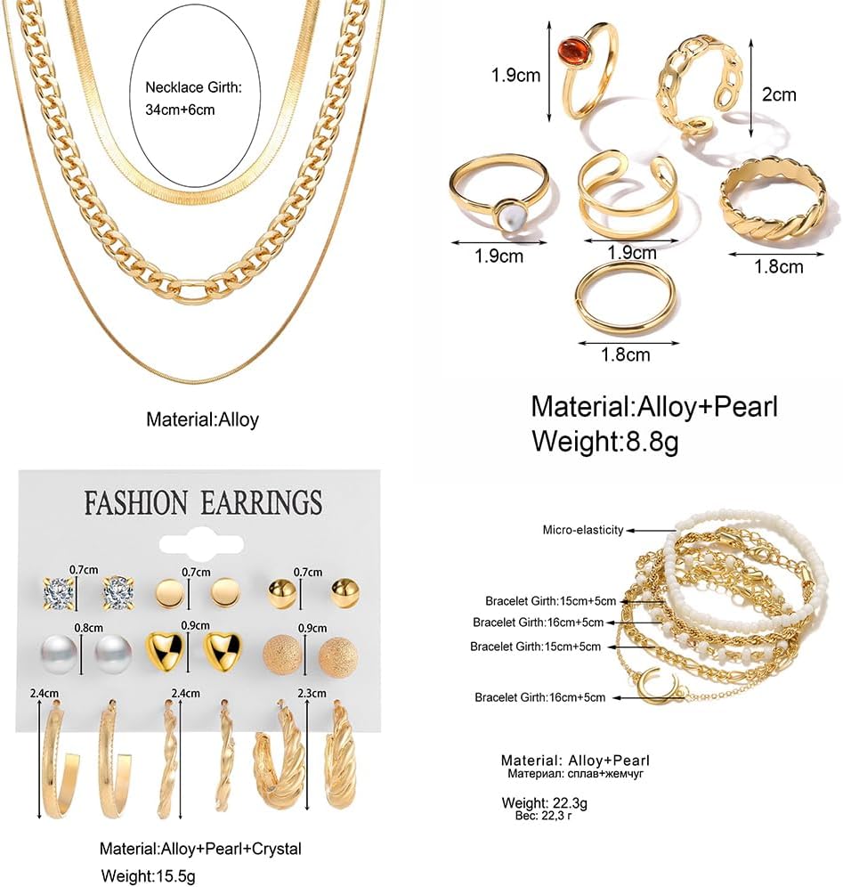 CONGYING 46 Pcs Gold Jewelry Set with 11Pcs Necklace, 11 Pcs anklet and 18 Pcs Earring Ear Cuff,6Hoop Earrings for Women Girls, Fashion Indie Costume Jewerly Pack for Friendship Party Gift Xpress