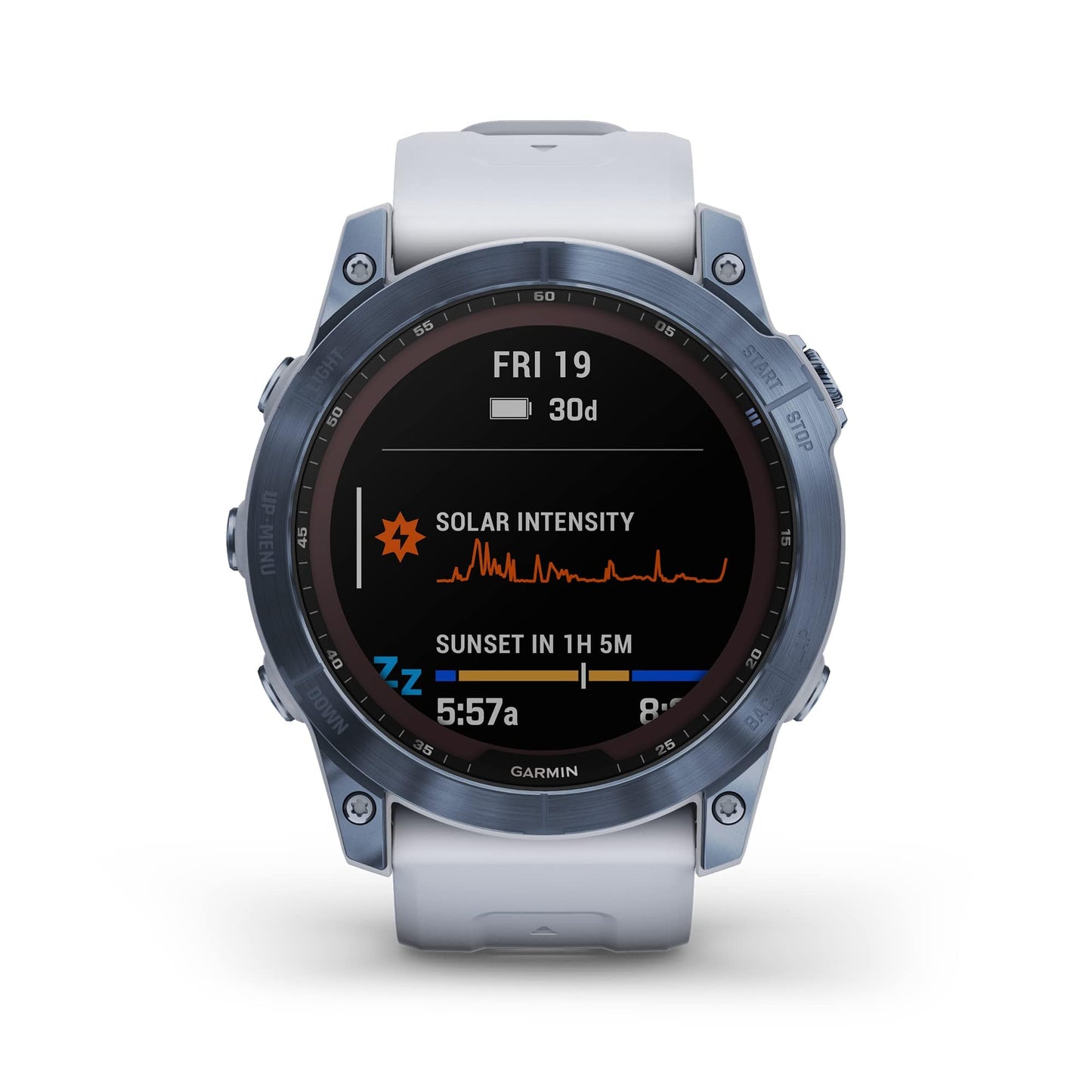 Garmin fenix 7S, smaller sized adventure smartwatch, rugged outdoor watch with GPS, touchscreen, health and wellness features, silver with graphite band, 010-02539-00