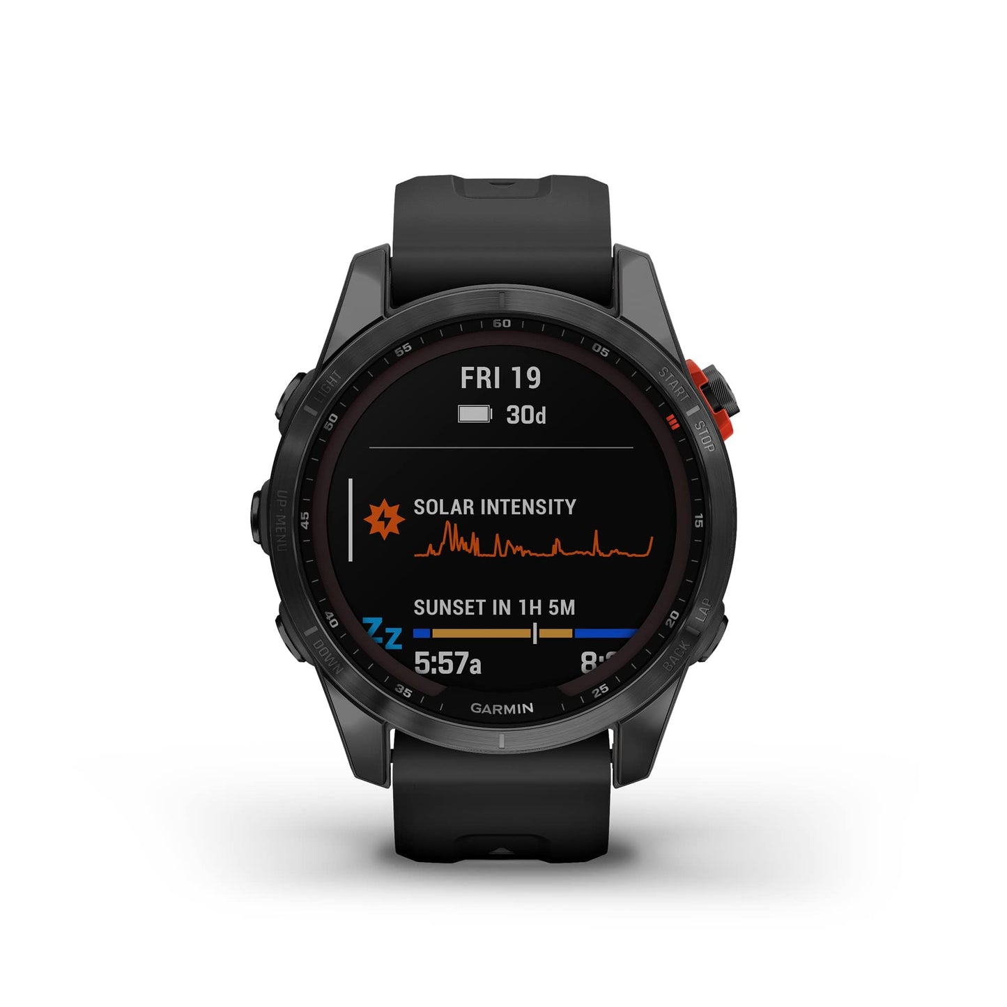 Garmin fenix 7S, smaller sized adventure smartwatch, rugged outdoor watch with GPS, touchscreen, health and wellness features, silver with graphite band, 010-02539-00