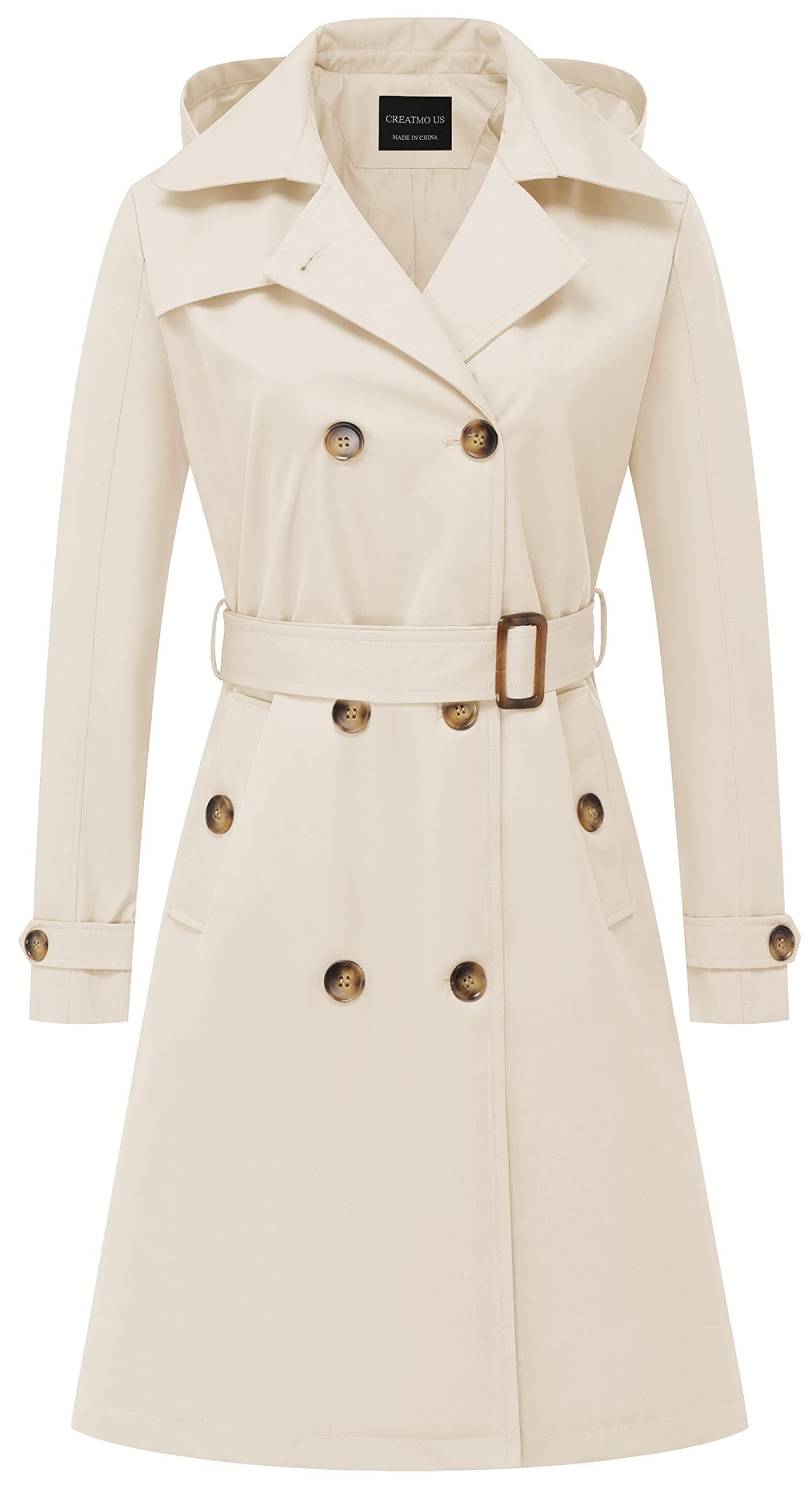 CREATMO US Trench Long Femme Double Boutonnage Classique Revers Pardessus Ceinturé Mince Manteau d'extérieur avec Capuche Amovible