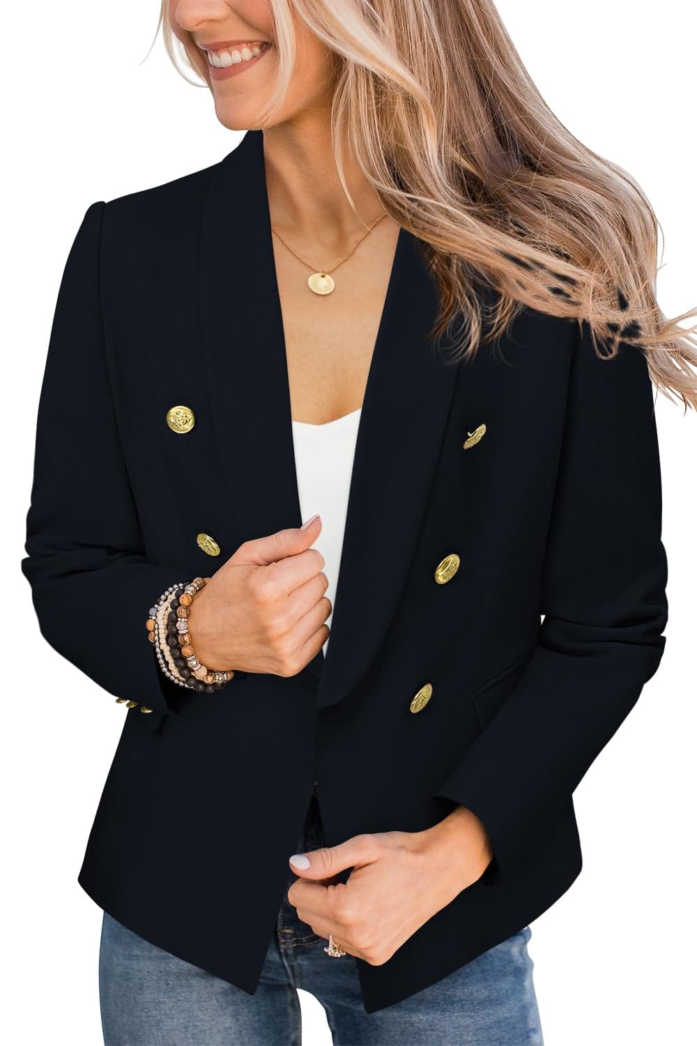 CRAZY GRID Veste blazer décontractée pour femme - Bouton doré - Manches longues - Bureau de travail - Revers ouvert sur le devant