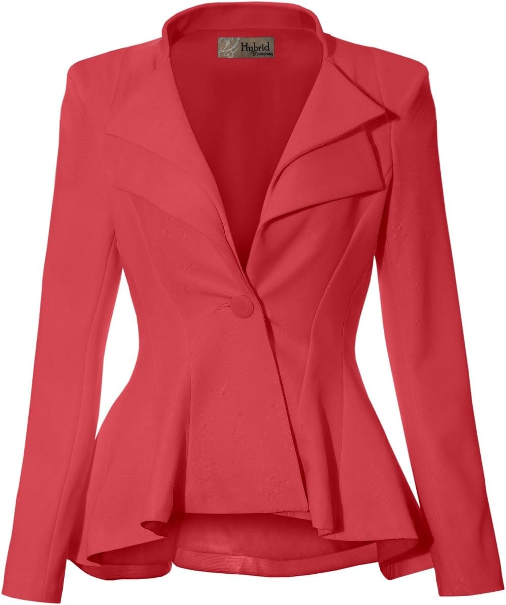 Hybrid & Company Women's Casual Work Office Dressy Double Notch Lapel Sharp Shoulder Pad Single Button Peplum Comfy Blazer