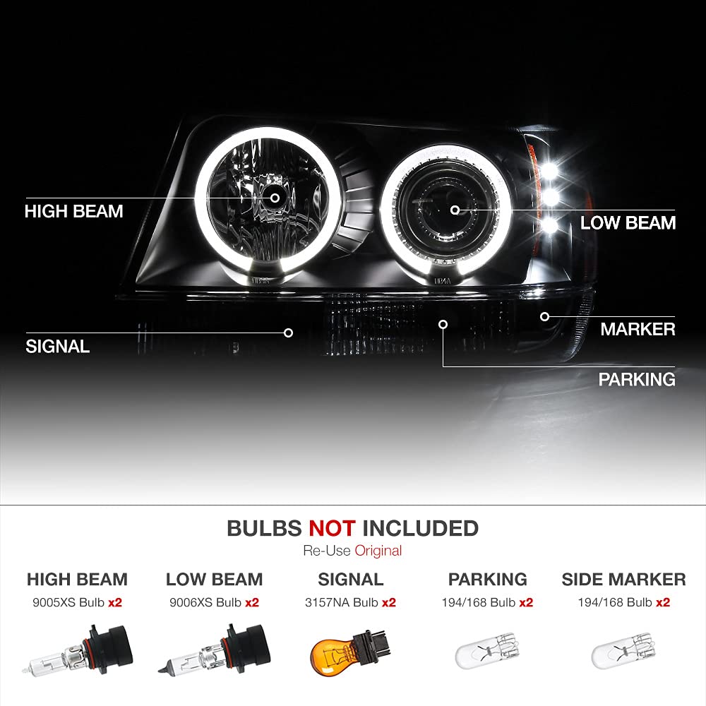 [Pour Jeep Grand Cherokee 1999-2004] Anneau Halo LED avec boîtier chromé, ensemble de phares de projecteur, côté conducteur et passager 