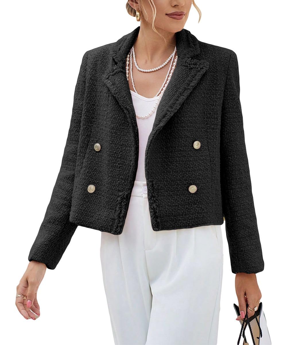 Tweed Blazers Chaquetas para Mujer 2024 Primavera Moda Solapa Recortada Elegante Frente Abierto Oficina Casual Blazer 