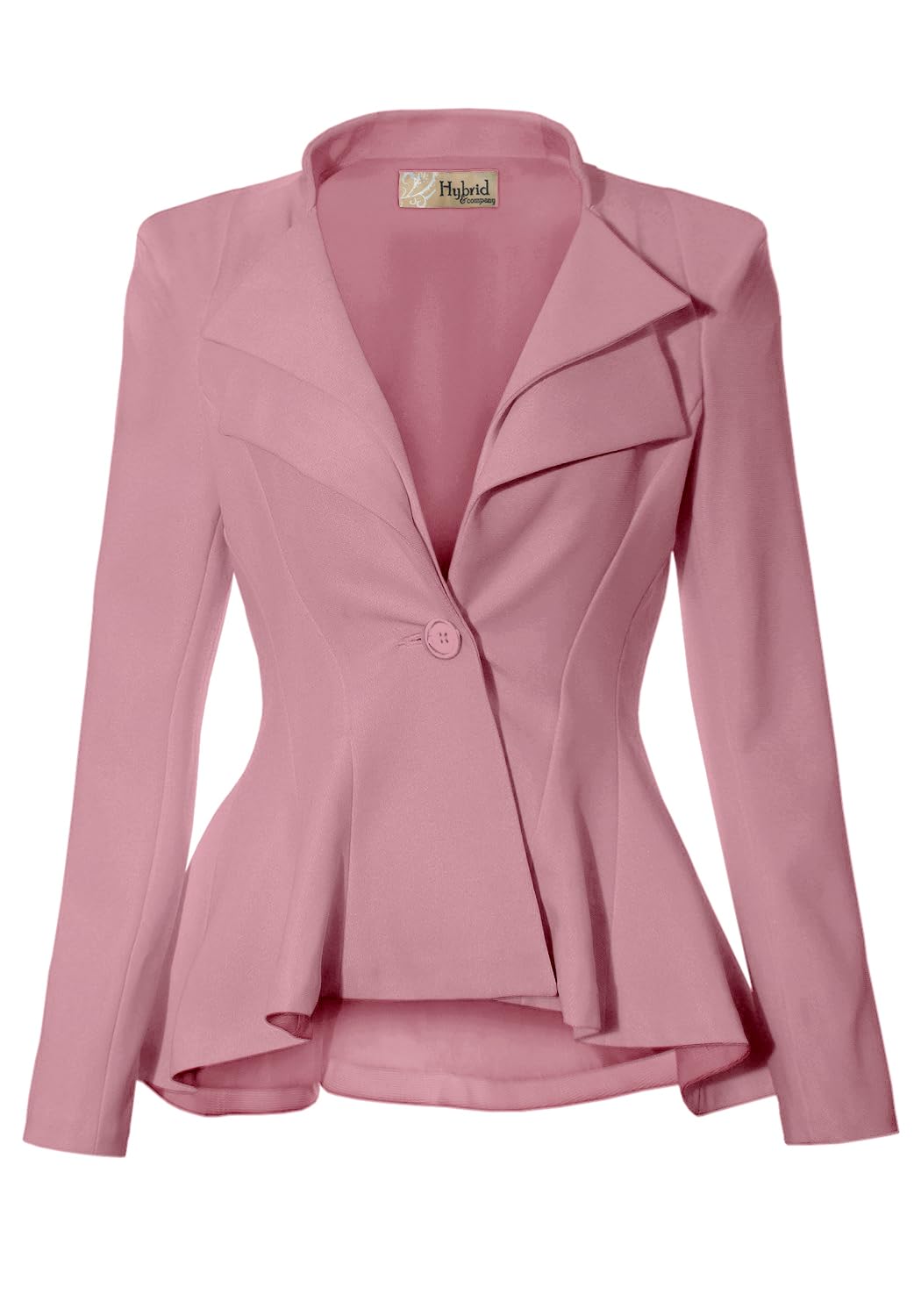 Hybrid & Company Women's Casual Work Office Dressy Double Notch Lapel Sharp Shoulder Pad Single Button Peplum Comfy Blazer