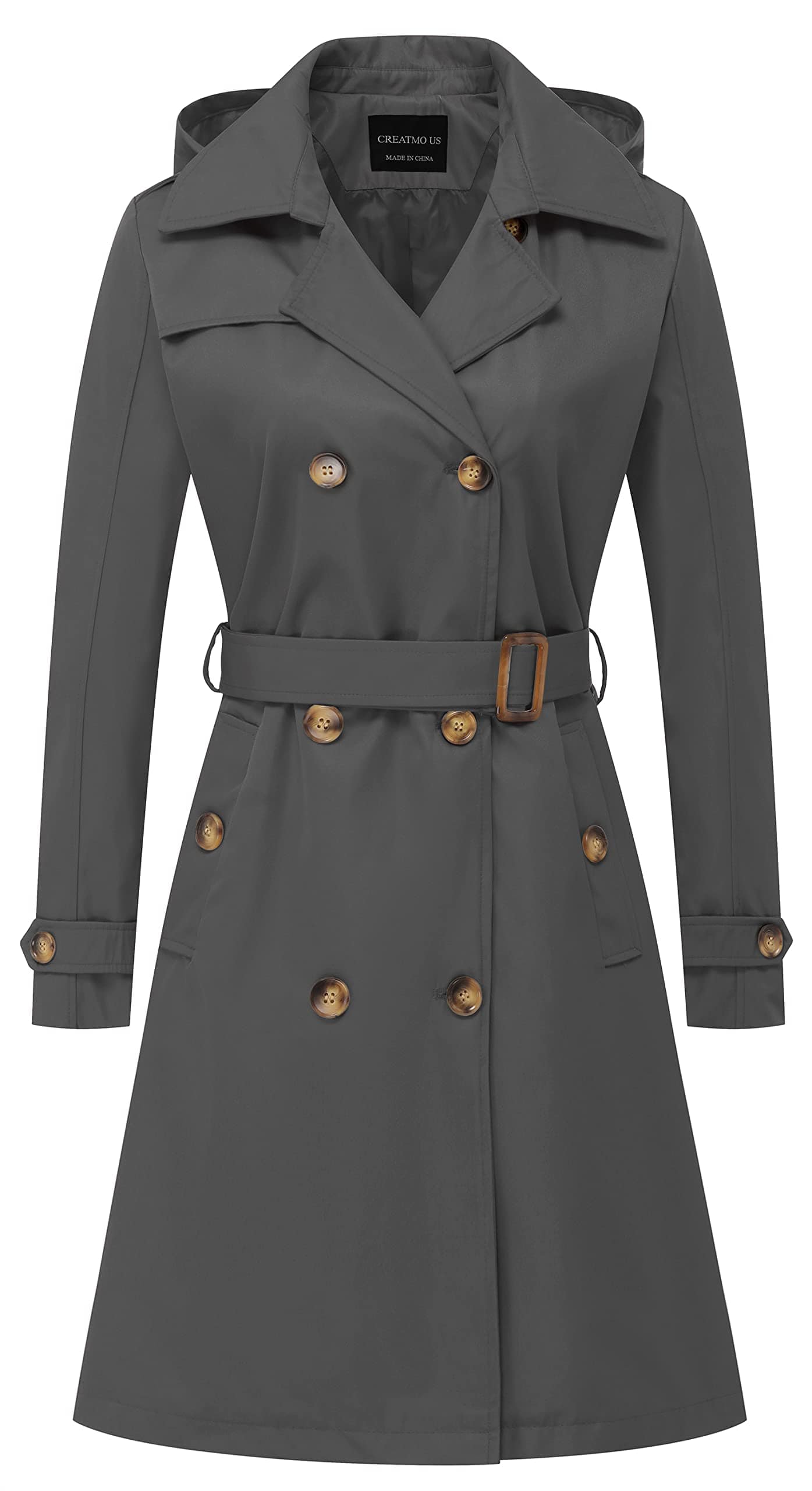 CREATMO US Women's Long Trench Coat Double-Breasted Classic Lapel Overcoat Belted Slim Outerwear Coat with Detachable Hood