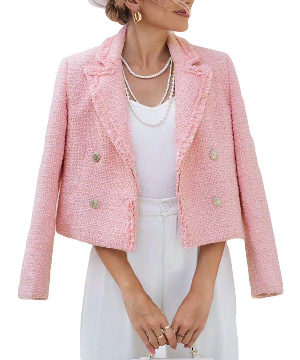 Tweed Blazers Jackets for Women 2024 Spring Fashion Lapel Cropped Elegant Open Front Office Casual Blazer