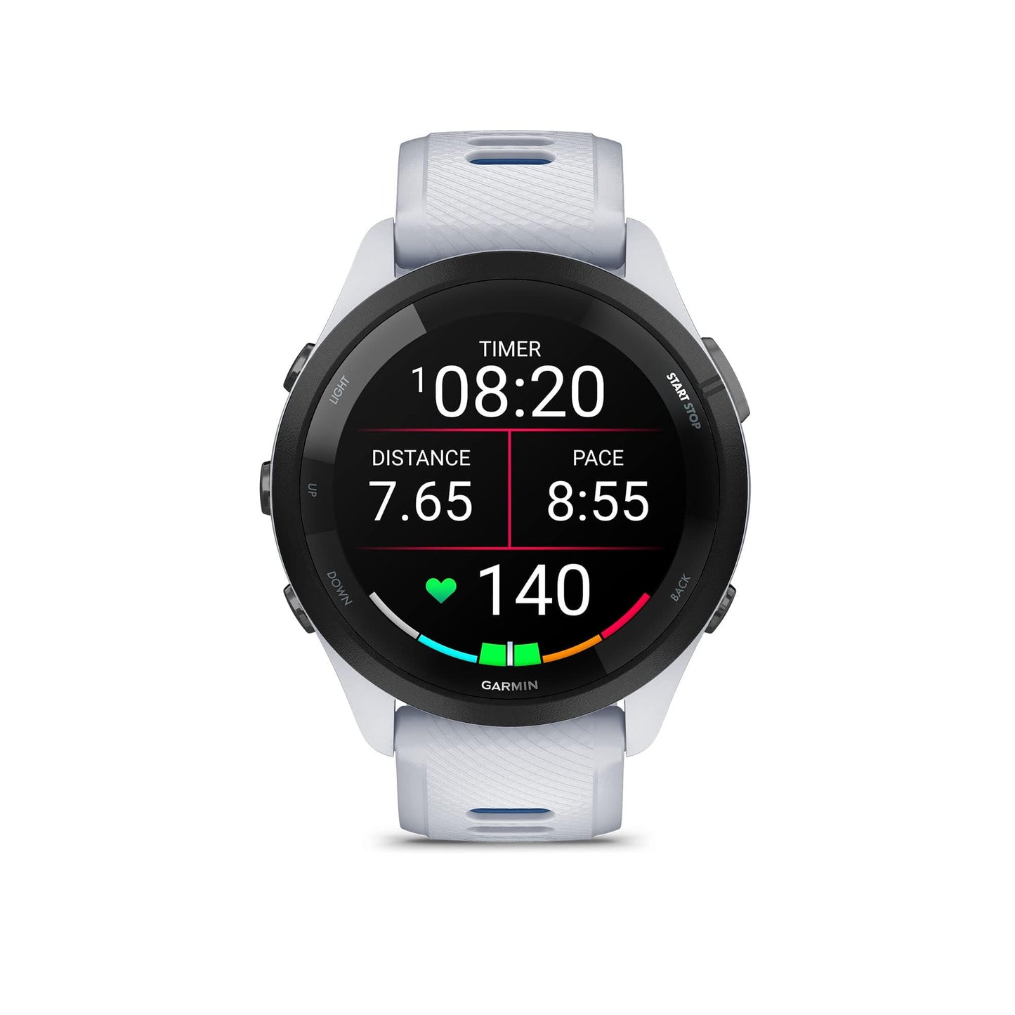 Reloj inteligente para correr Garmin Forerunner 265, pantalla AMOLED colorida, métricas de entrenamiento e información de recuperación, Whitestone y Tidal Blue 