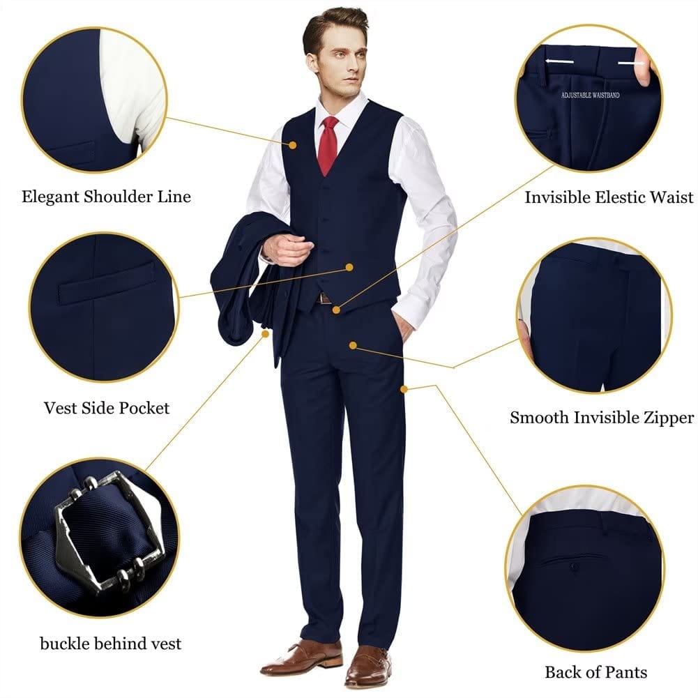 Men's Slim Fit 3 Piece Suit Two Button Business Wedding Dress Tux Suit Set Jacket Vest Pants with Tie