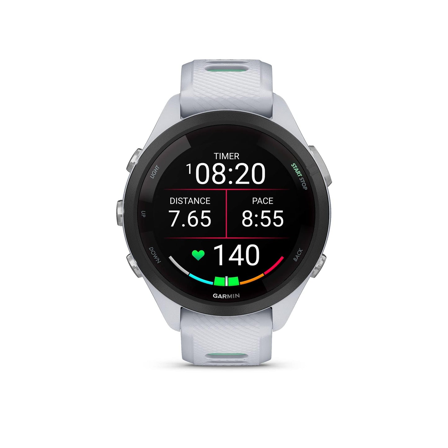 Montre intelligente de course Garmin Forerunner 265, écran AMOLED coloré, mesures d'entraînement et informations de récupération, pierre blanche et bleu marée 