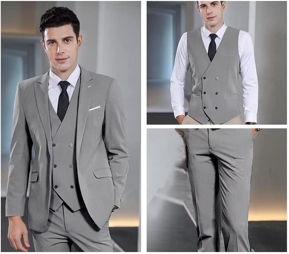 Wangyue Men's Suit Slim Fit 3 Piece Suit Double Breasted Suit One Button Formal Wedding Prom Suits