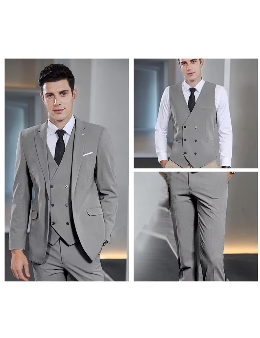 Wangyue Men's Suit Slim Fit 3 Piece Suit Double Breasted Suit One Button Formal Wedding Prom Suits