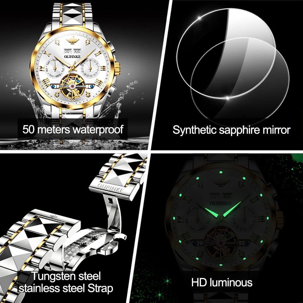 OUPINKE Men's Watch Automatic 44mm Big Dial Tungsten Steel Strap Date Waterproof Luxury Sapphire Crystal