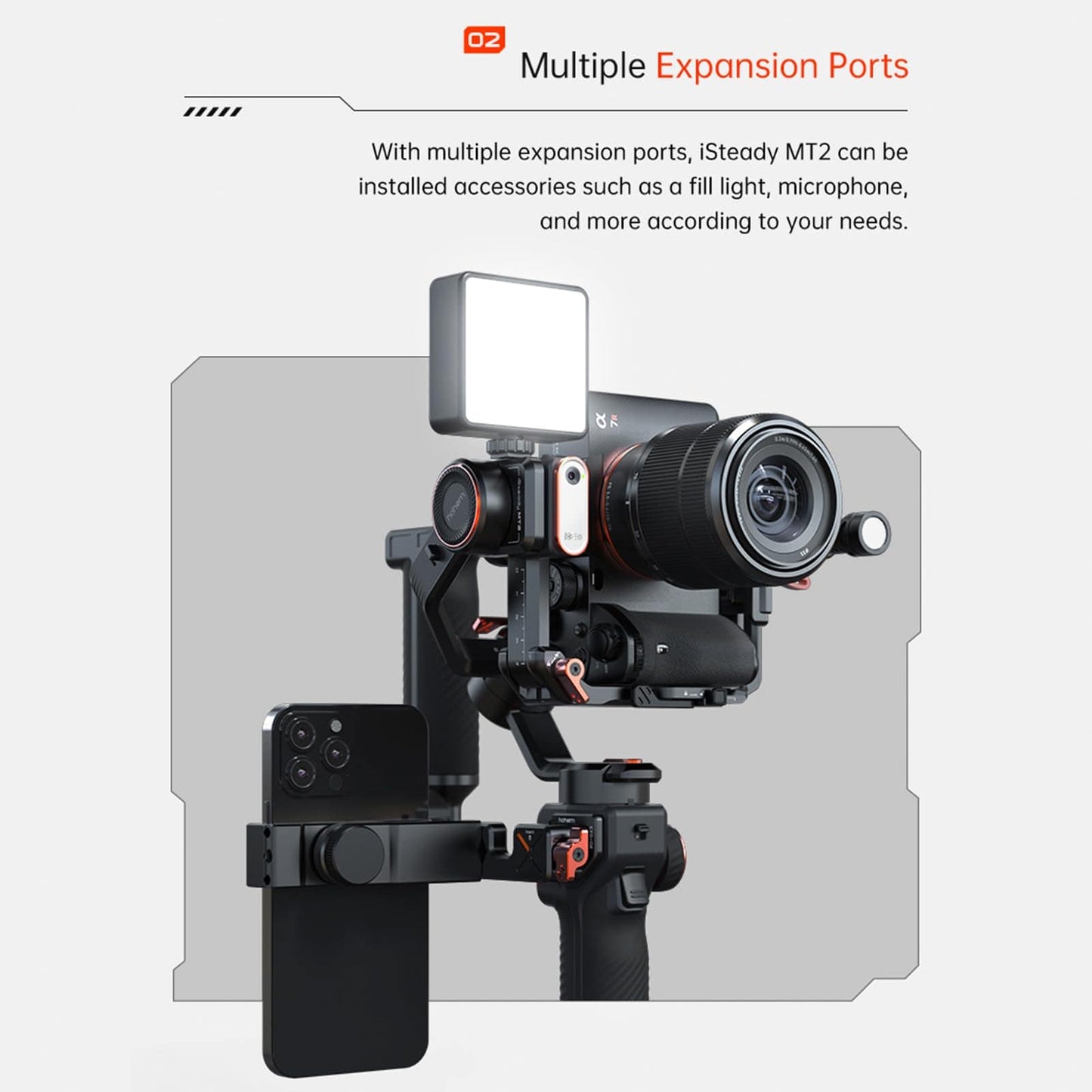 hohem iSteady MT2 Kit 3-Axis Camera Stabilizer Gimbal Stabilizer for Smartphone 1.2kg/2.64lbs Payload Support BT Connection with AI Vision Sensor & Fill Light Module Compatible with Phone Camera