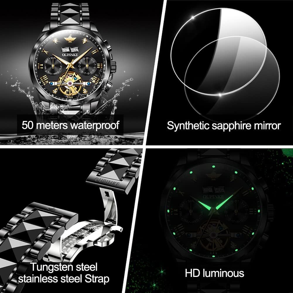 OUPINKE Reloj para hombre Automático 44 mm Esfera grande Correa de acero de tungsteno Fecha Resistente al agua Cristal de zafiro de lujo 