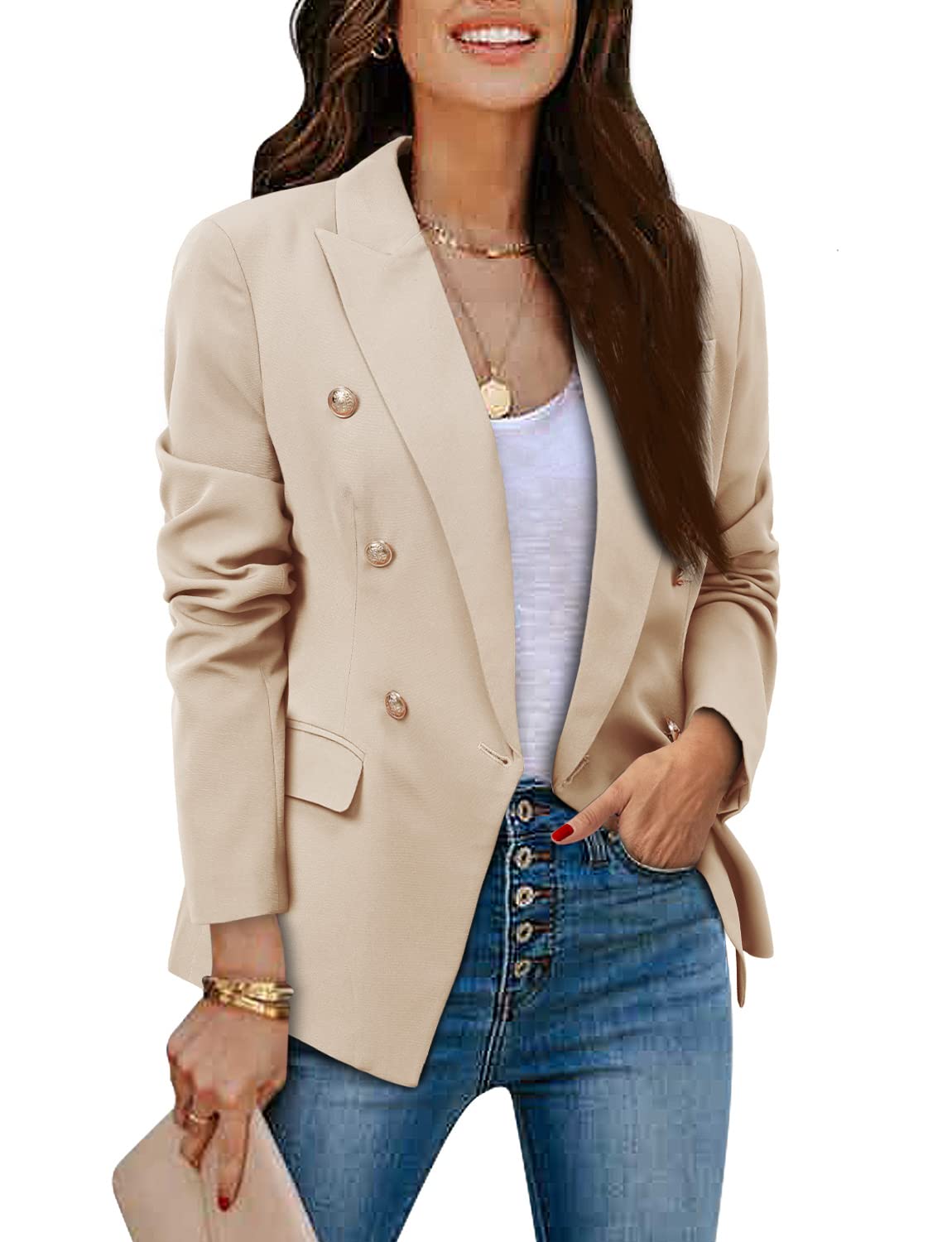 CRAZY GRID Womens Casual Blazer Jacket Gold Button Long Sleeve Work 0ffice Blazer Lapel Open Front Jacket