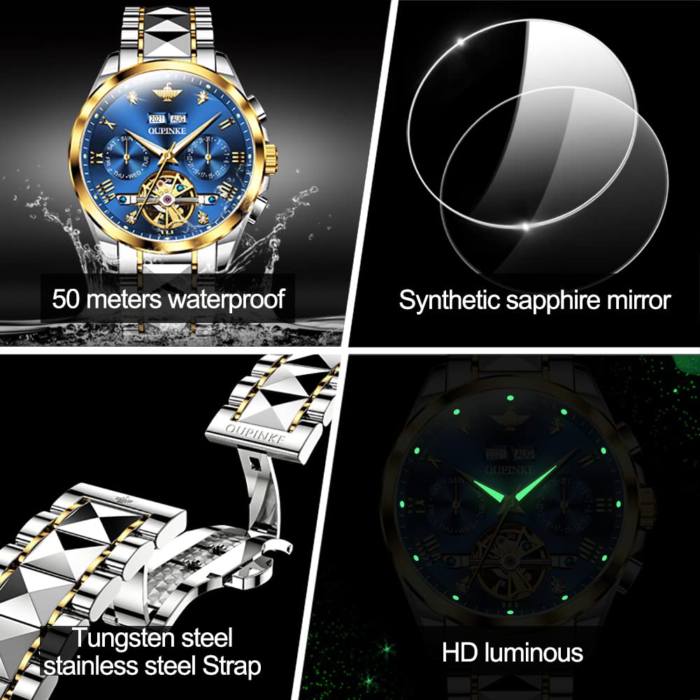 OUPINKE, relojes automáticos para hombre, vestido de lujo con diamantes, reloj de pulsera mecánico resistente al agua de acero de tungsteno con doble fecha 