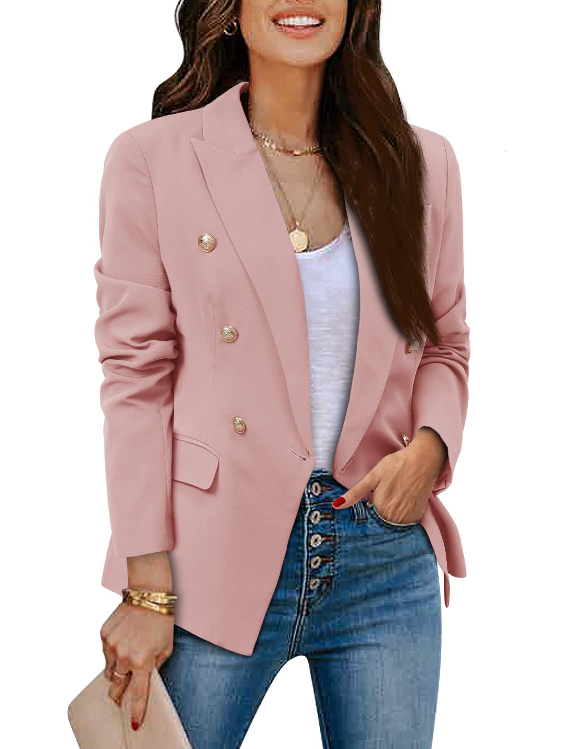 CRAZY GRID Womens Casual Blazer Jacket Gold Button Long Sleeve Work 0ffice Blazer Lapel Open Front Jacket