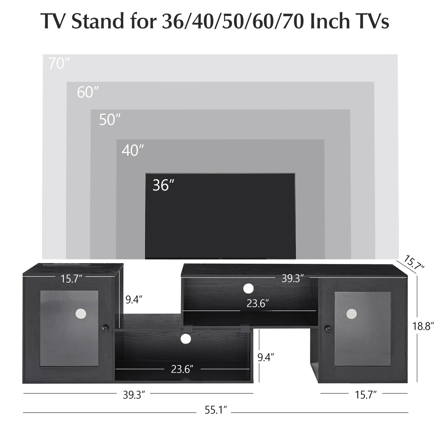 VECELO Soporte para TV LED para televisores de hasta 70 pulgadas Centro de entretenimiento moderno con consola multimedia de almacenamiento con 23 opciones de parpadeo y 4 modos personalizables para sala de estar, dormitorio, negro brillante 