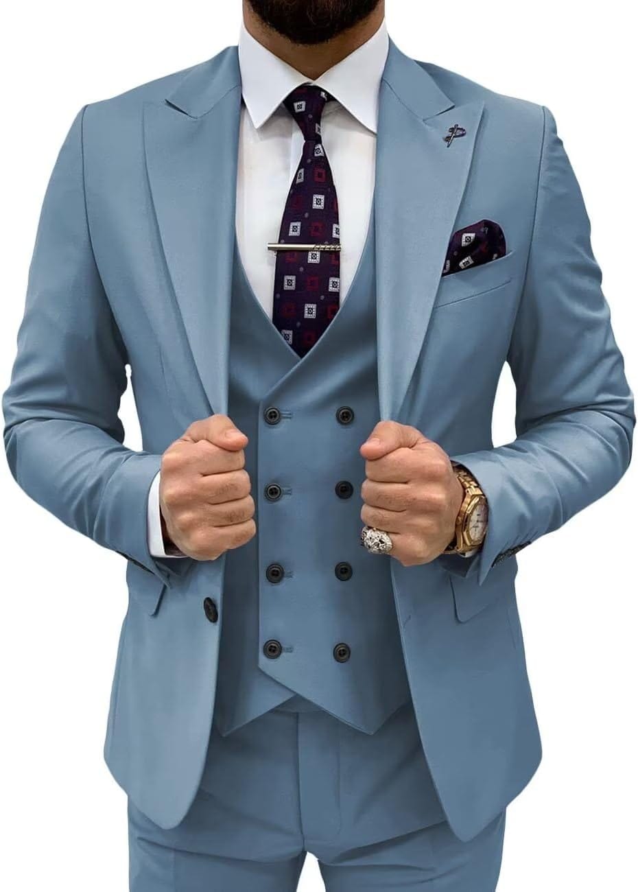 Double Breasted 3 Pieces Suit Men Slim Fit Classic One Button Jacket Blazer Vest Pants Set Formal Wedding Tuxedo