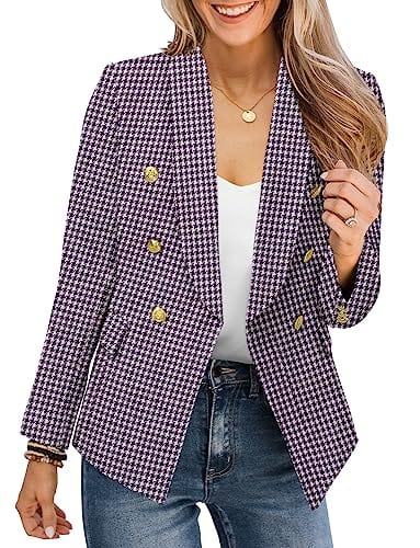 CRAZY GRID Chaqueta casual para mujer con botones dorados, manga larga, para trabajo, oficina, solapa, frente abierto