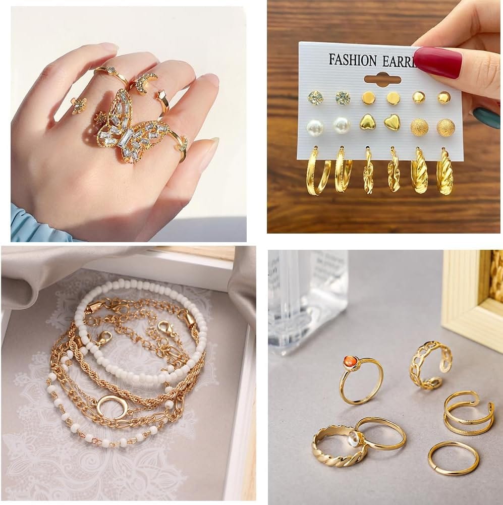 CONGYING 46 Pcs Gold Jewelry Set with 11Pcs Necklace, 11 Pcs anklet and 18 Pcs Earring Ear Cuff,6Hoop Earrings for Women Girls, Fashion Indie Costume Jewerly Pack for Friendship Party Gift Xpress