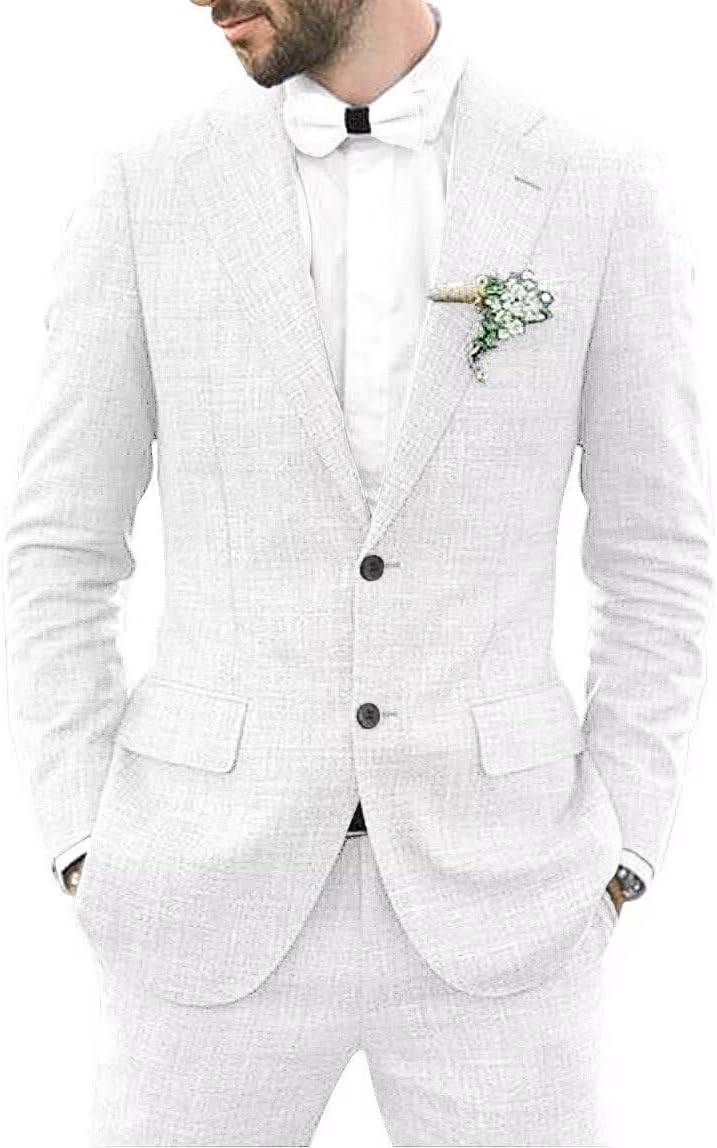 Wangyue Mens Linen Suit 2 Piece Slim Fit Linen Suit for Men Summer Wedding Suit Groom Prom Tuxedo Suit