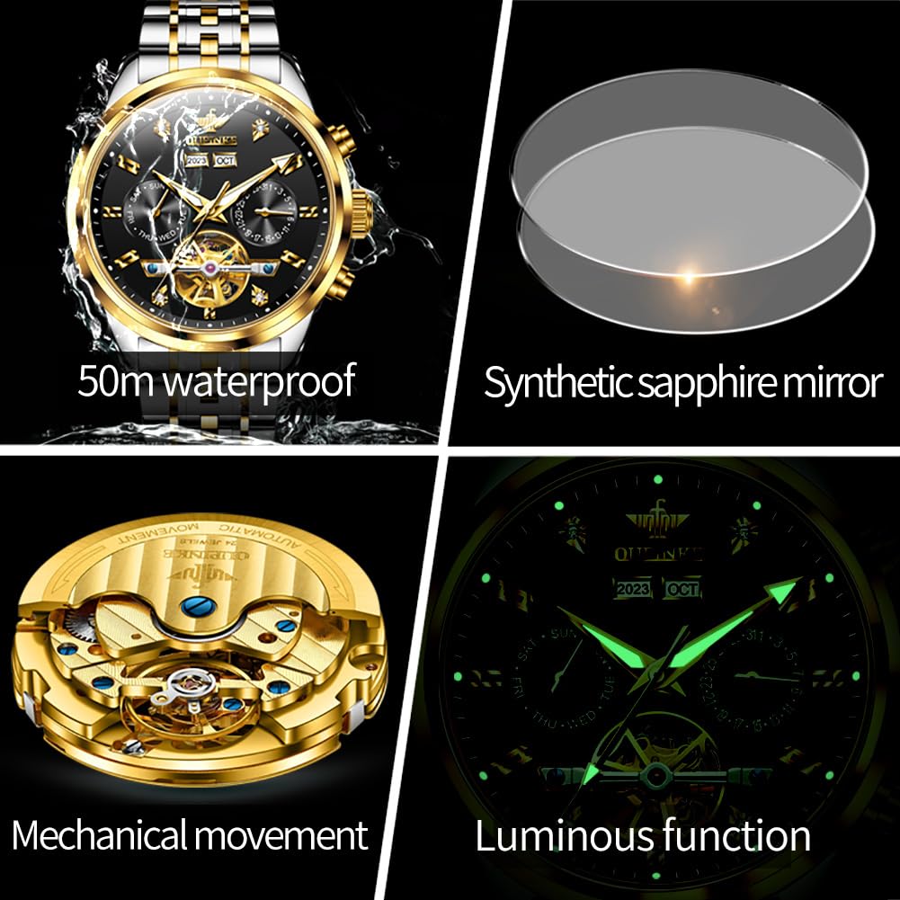 OUPINKE Mens Automatic Watches Diamond Luxury Dress Self Winding Mechanical Waterproof Tungsten Steel Dual Date Wrist Watch