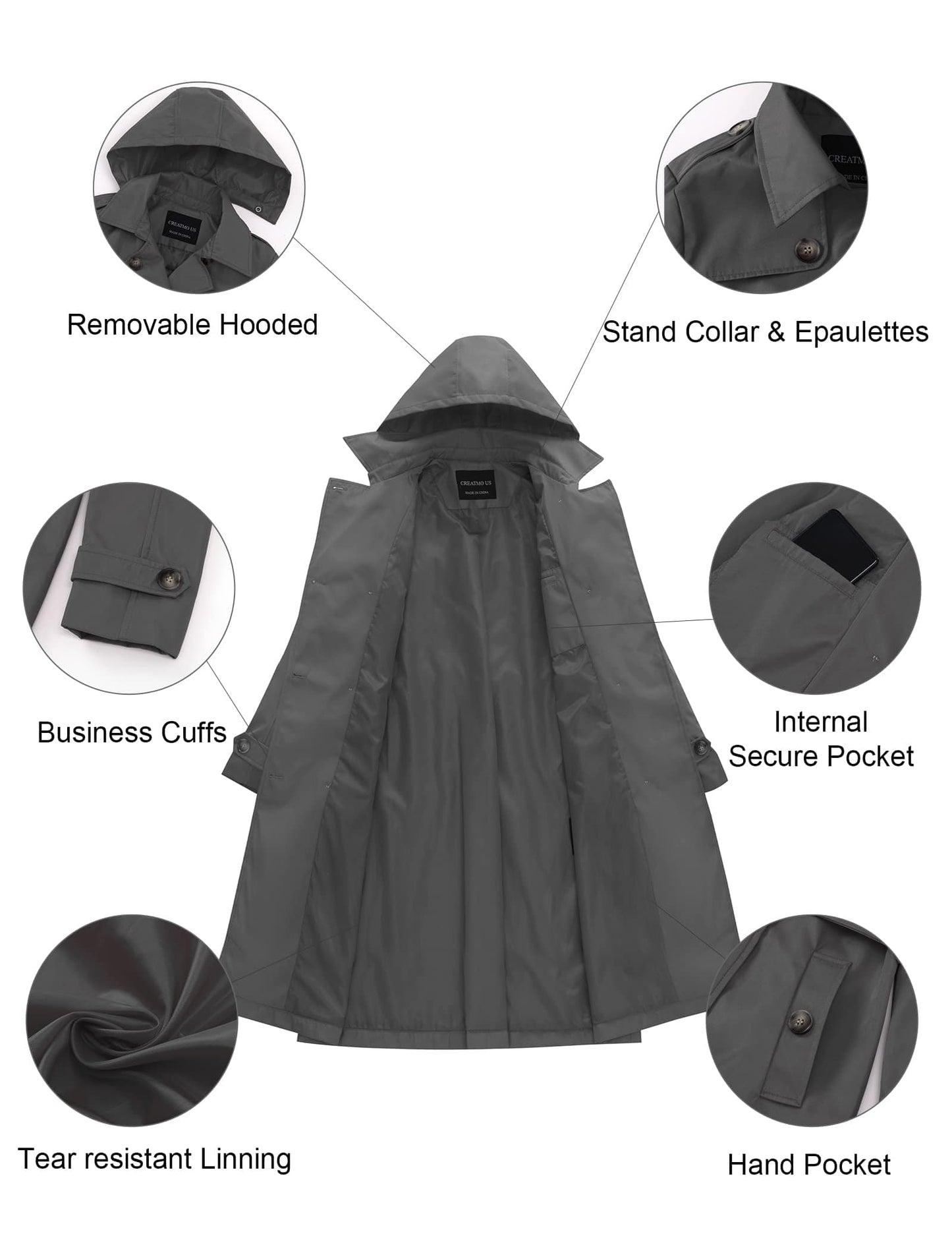 CREATMO US Trench Long Femme Double Boutonnage Classique Revers Pardessus Ceinturé Mince Manteau d'extérieur avec Capuche Amovible