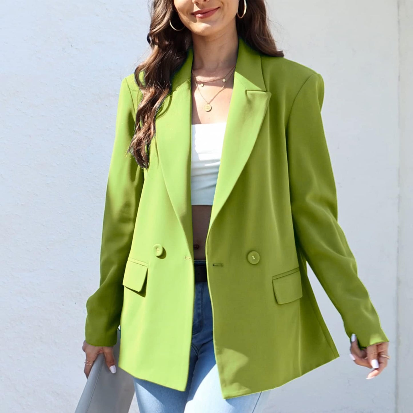 Blazer de costume surdimensionné à double boutonnage pour femme, veste à manches longues, style petit ami décontracté, blazer de travail et de bureau avec poches