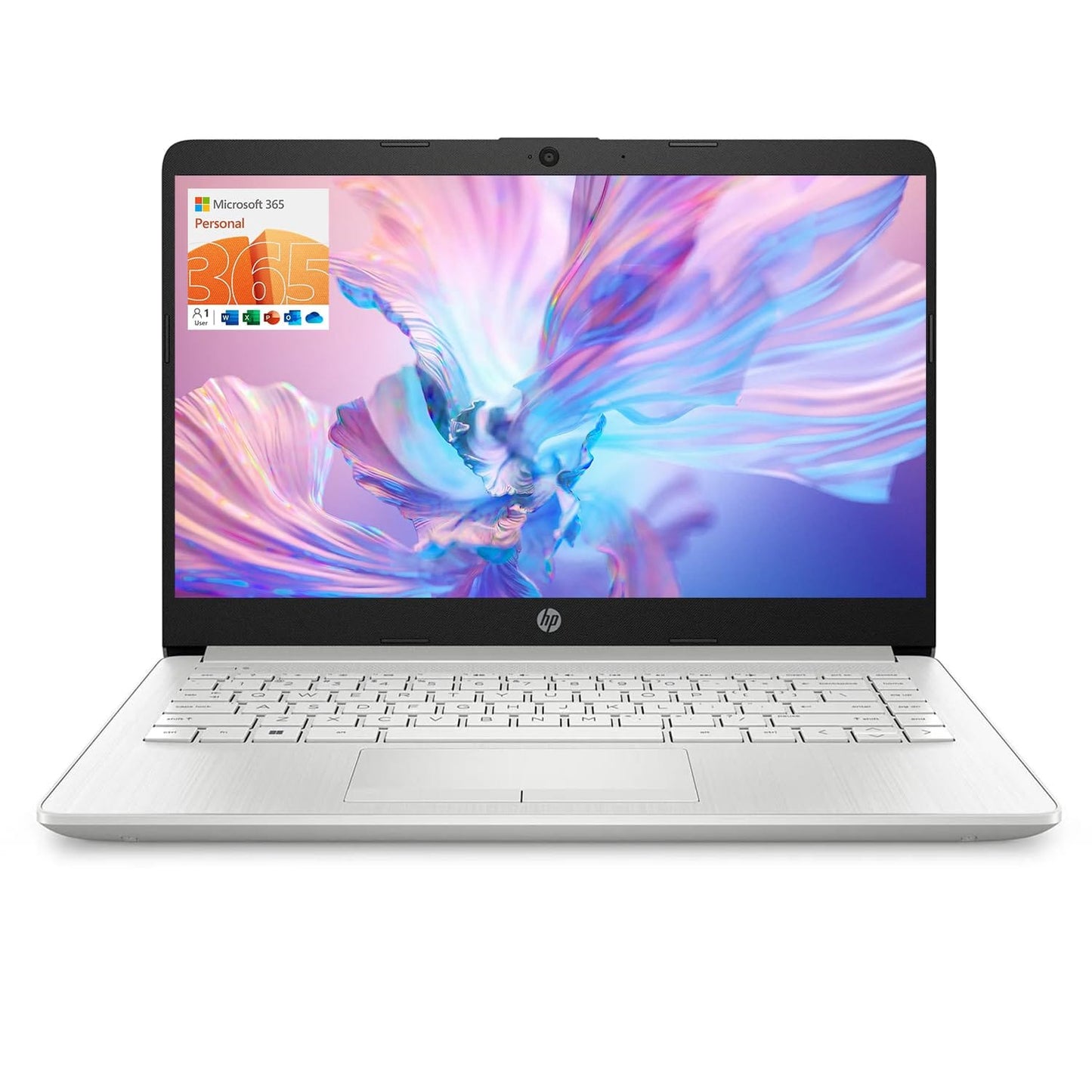 Ordinateur portable HP 14, Intel Celeron N4020, 4 Go de RAM, 64 Go de stockage, écran HD micro-bord de 14 pouces, Windows 11 Famille, fin et portable, graphiques 4K, un an de Microsoft 365 (14-dq0040nr, blanc flocon de neige) 