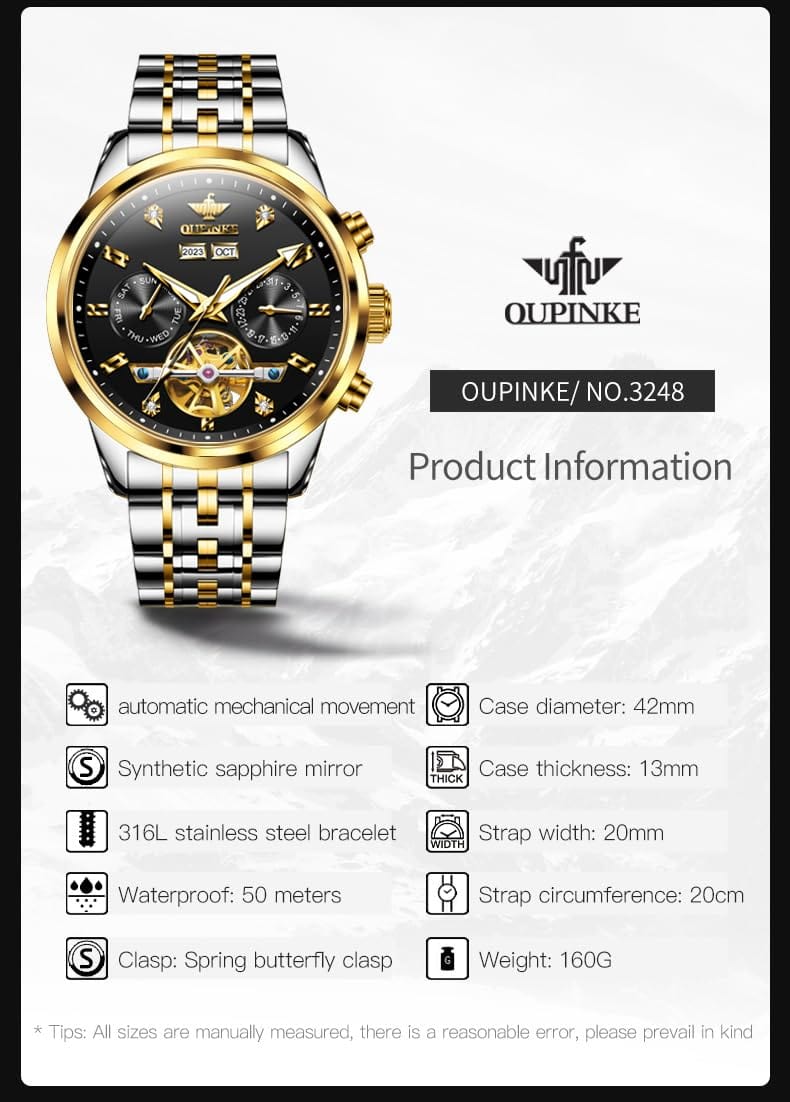 OUPINKE Mens Automatic Watches Diamond Luxury Dress Self Winding Mechanical Waterproof Tungsten Steel Dual Date Wrist Watch