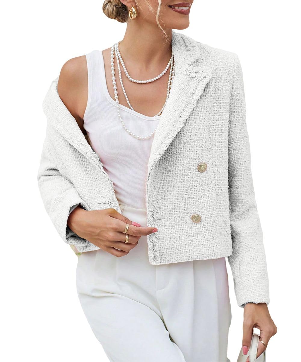 Tweed Blazers Jackets for Women 2024 Spring Fashion Lapel Cropped Elegant Open Front Office Casual Blazer