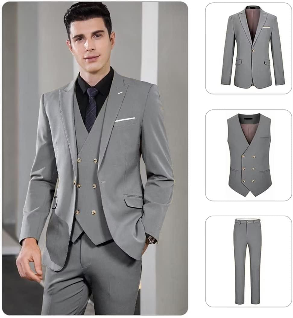 Wangyue Men's Suit Slim Fit 3 Piece Suit Double Breasted Suit One Button Formal Wedding Prom Suits