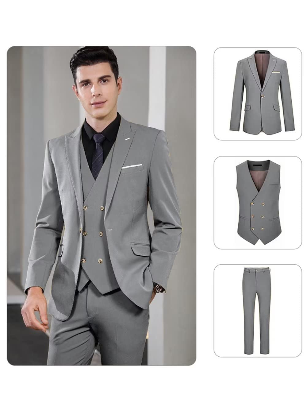 Wangyue Men's Suit Slim Fit 3 Piece Suit Double Breasted Suit One Button Formal Wedding Prom Suits