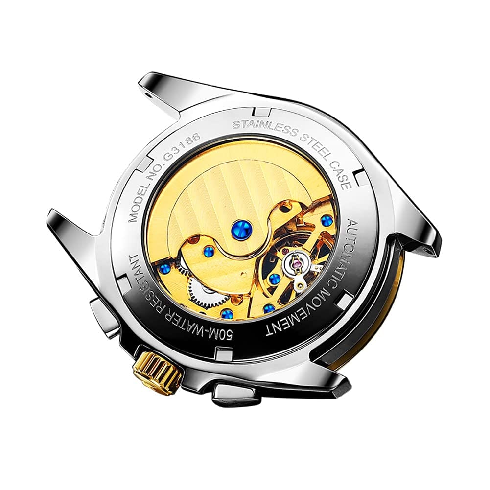 OUPINKE Reloj para hombre Automático 44 mm Esfera grande Correa de acero de tungsteno Fecha Resistente al agua Cristal de zafiro de lujo 