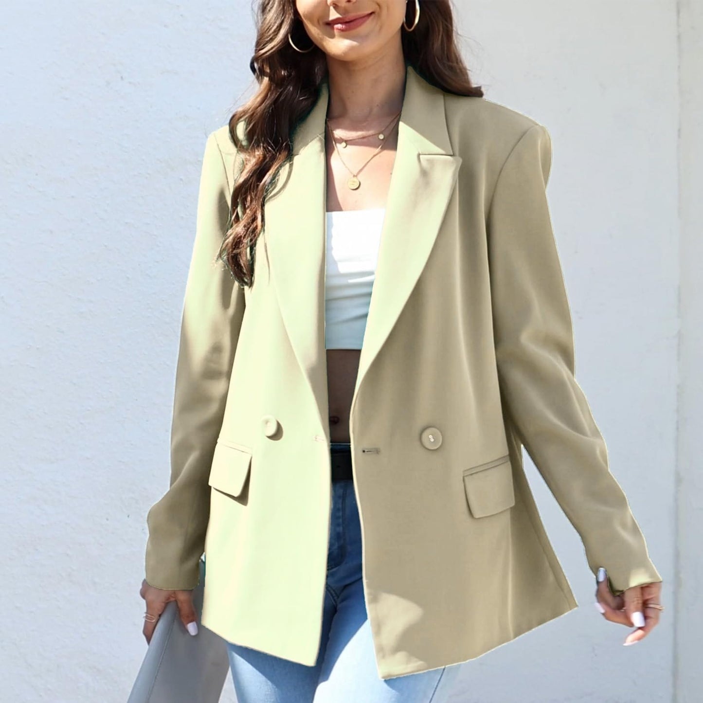 Blazer de costume surdimensionné à double boutonnage pour femme, veste à manches longues, style petit ami décontracté, blazer de travail et de bureau avec poches