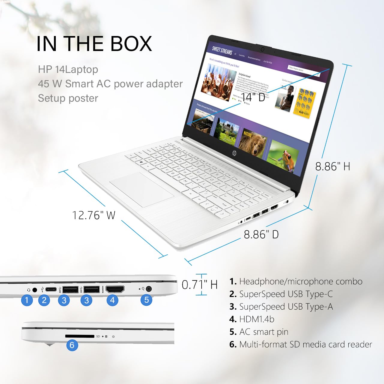 Laptop HP 14, Intel Celeron N4020, 4 GB de RAM, 64 GB de almacenamiento, pantalla HD Micro-edge de 14 pulgadas, Windows 11 Home, delgada y portátil, gráficos 4K, un año de Microsoft 365 (14-dq0040nr, blanco copo de nieve) 