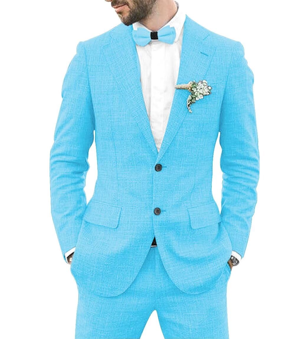 Wangyue Mens Linen Suit 2 Piece Slim Fit Linen Suit for Men Summer Wedding Suit Groom Prom Tuxedo Suit