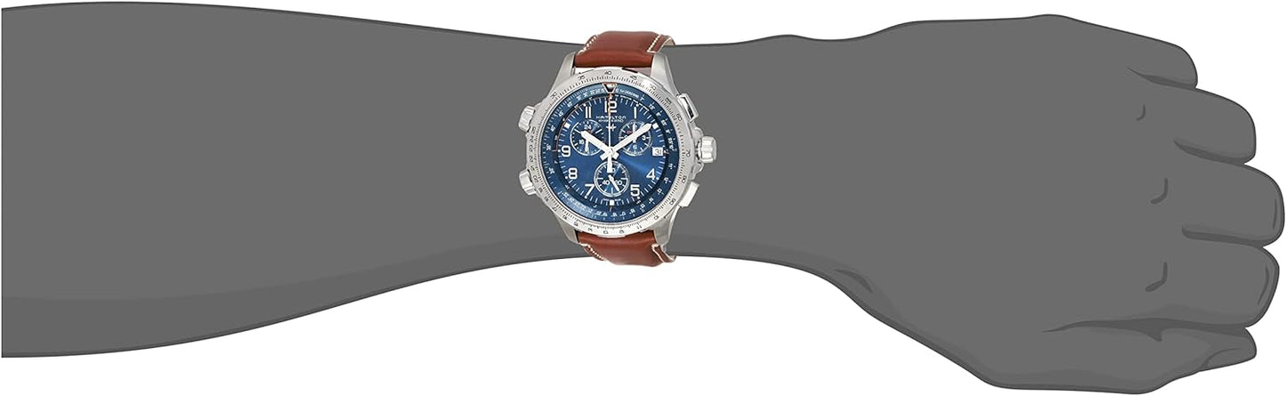 Hamilton Watch Khaki Aviation X-Wind GMT Swiss Chronograph Quartz Watch 46mm Case, Blue Dial, Brown Leather Strap (Model: H77922541)