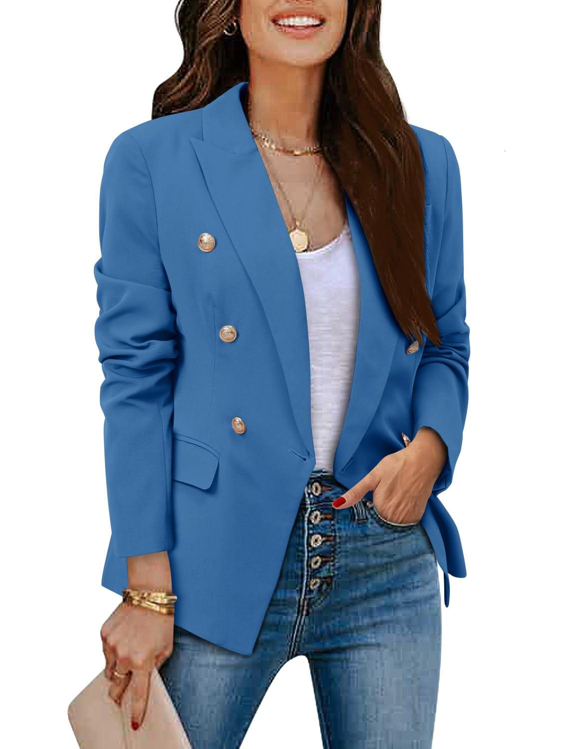 CRAZY GRID Womens Casual Blazer Jacket Gold Button Long Sleeve Work 0ffice Blazer Lapel Open Front Jacket